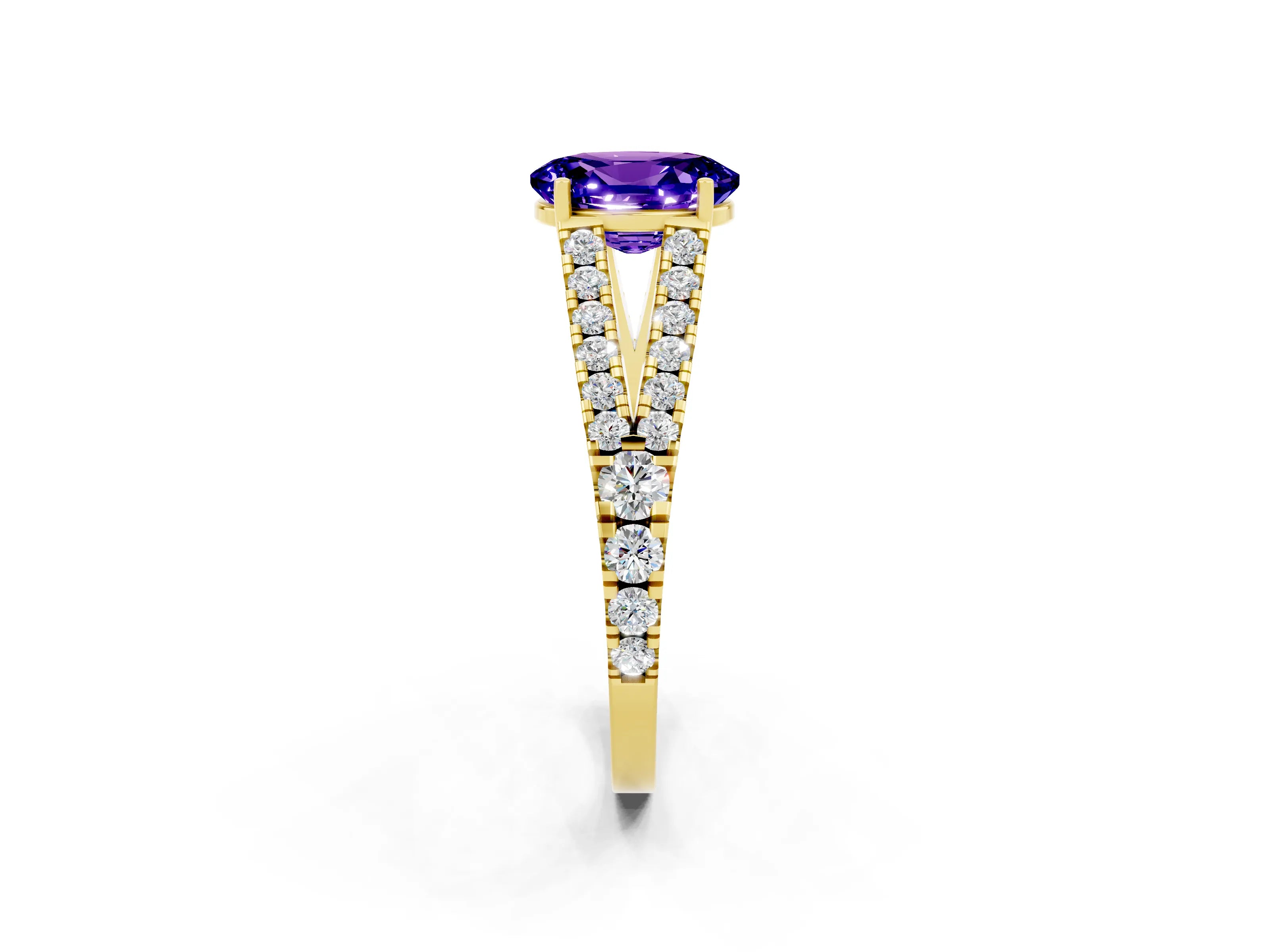 Yellow gold Oval Cut Tanzanite Split Shank Pavé Engagement Ring with Four-Prong Setting_14