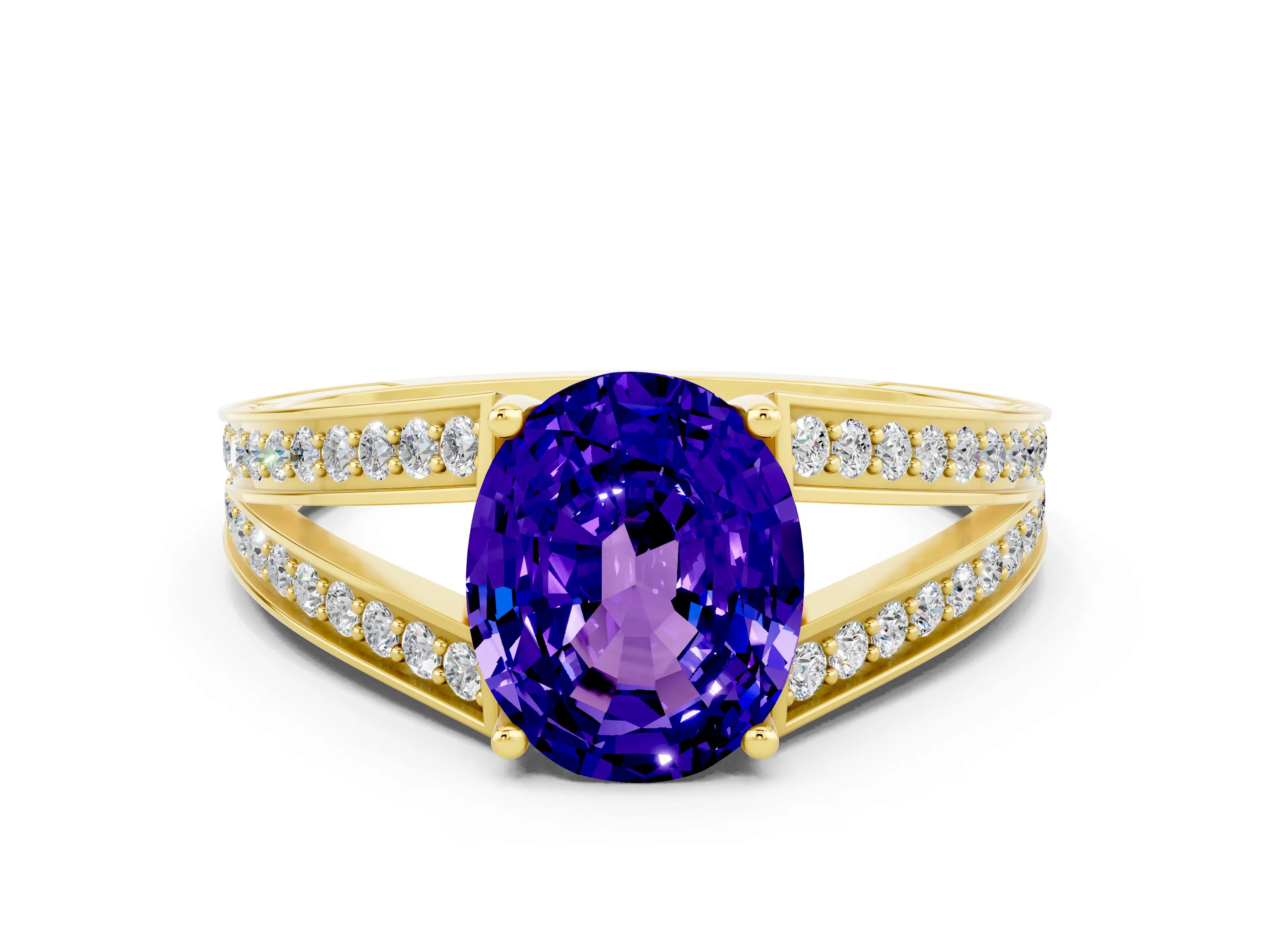 Yellow gold Oval Cut Tanzanite Split Shank Ring with Pavé Band and Four-Prong Setting