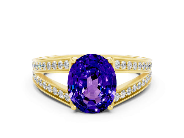 Yellow gold Oval Cut Tanzanite Split Shank Ring with Pavé Band and Four-Prong Setting