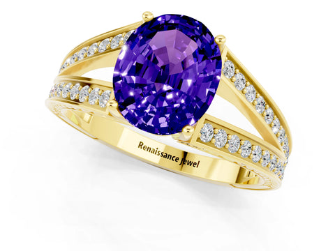 Yellow gold Oval Cut Tanzanite Split Shank Ring with Pavé Band and Four-Prong Setting_1