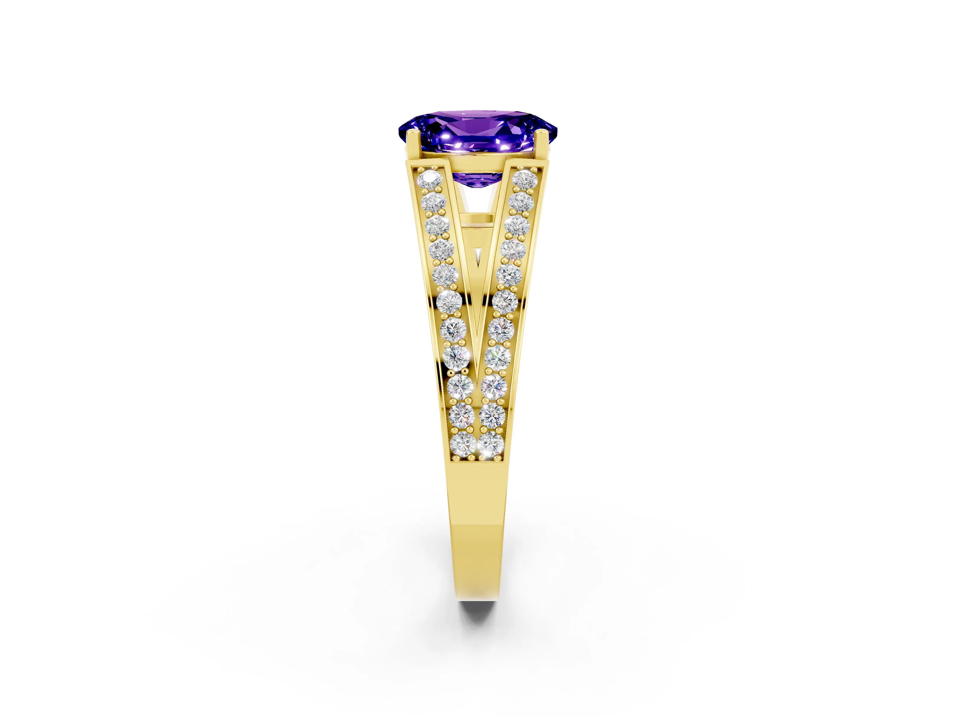 Yellow gold Oval Cut Tanzanite Split Shank Ring with Pavé Band and Four-Prong Setting_2