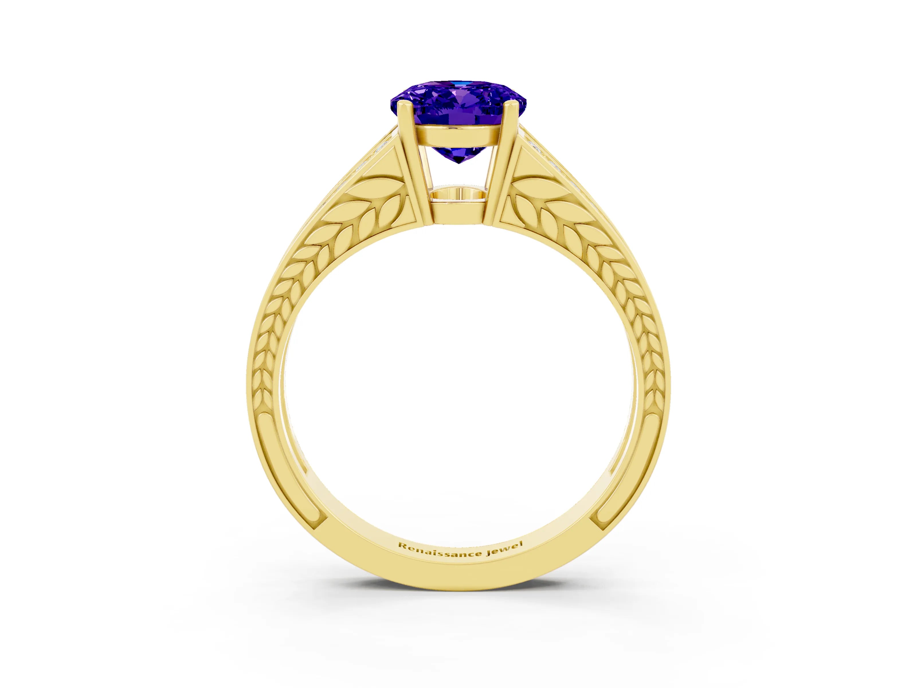 Yellow gold Oval Cut Tanzanite Split Shank Ring with Pavé Band and Four-Prong Setting_3