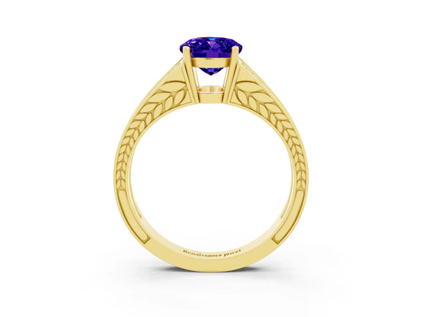 Yellow gold Oval Cut Tanzanite Split Shank Ring with Pavé Band and Four-Prong Setting