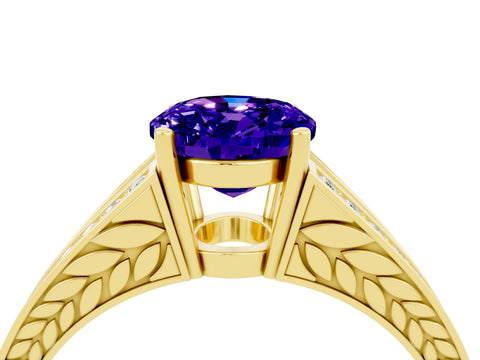 Yellow gold Oval Cut Tanzanite Split Shank Ring with Pavé Band and Four-Prong Setting_4