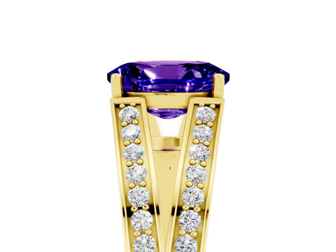 Yellow gold Oval Cut Tanzanite Split Shank Ring with Pavé Band and Four-Prong Setting_5