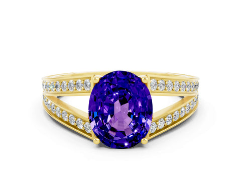 Yellow gold Oval Cut Tanzanite Split Shank Ring with Pavé Band and Four-Prong Setting