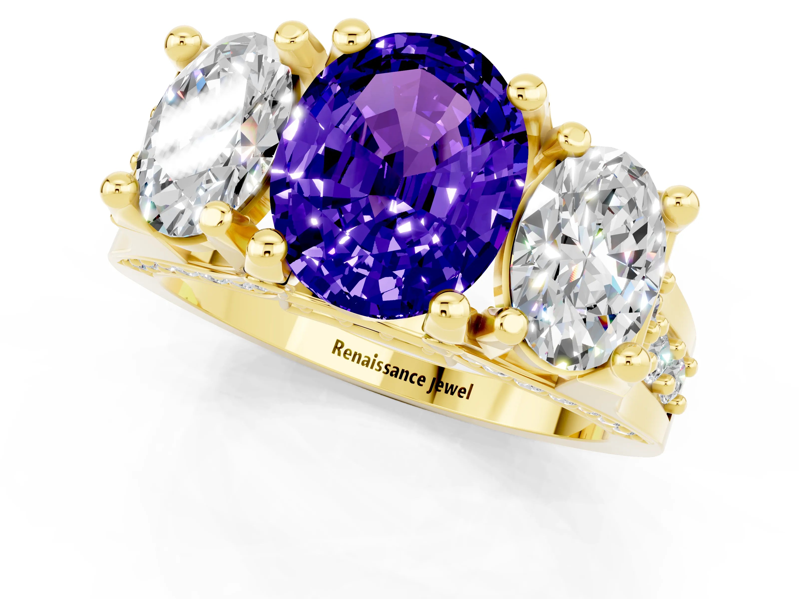 Yellow gold Oval Cut Tanzanite Three-Stone Ring with Channel Set Band and Four-Prong Setting_1