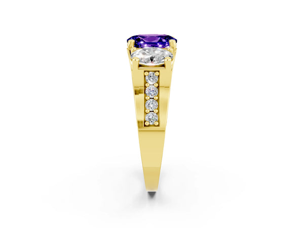Yellow gold Oval Cut Tanzanite Three-Stone Ring with Channel Set Band and Four-Prong Setting