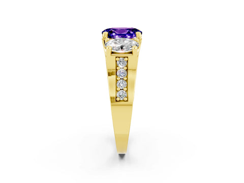 Yellow gold Oval Cut Tanzanite Three-Stone Ring with Channel Set Band and Four-Prong Setting_2