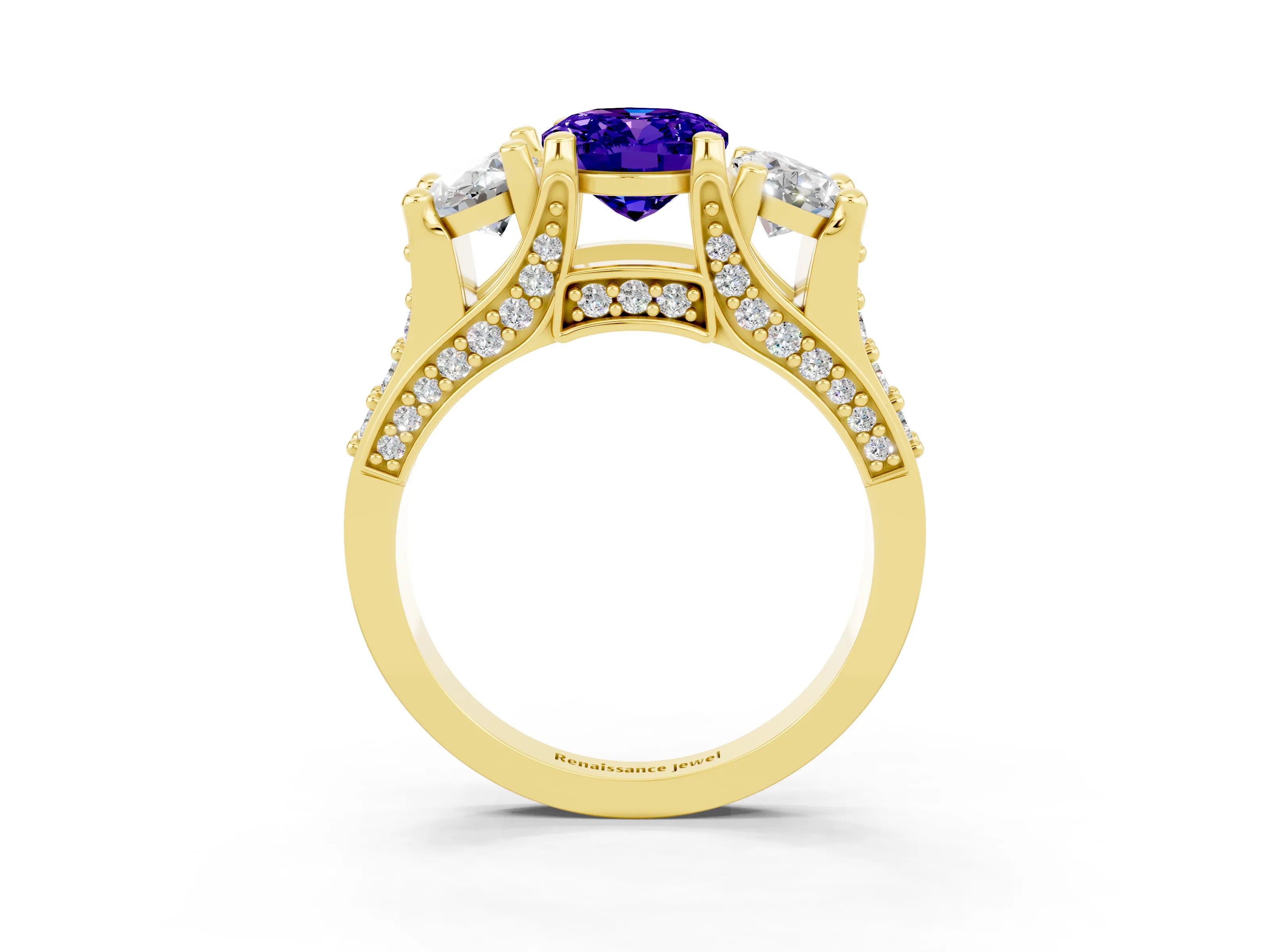 Yellow gold Oval Cut Tanzanite Three-Stone Ring with Channel Set Band and Four-Prong Setting_3