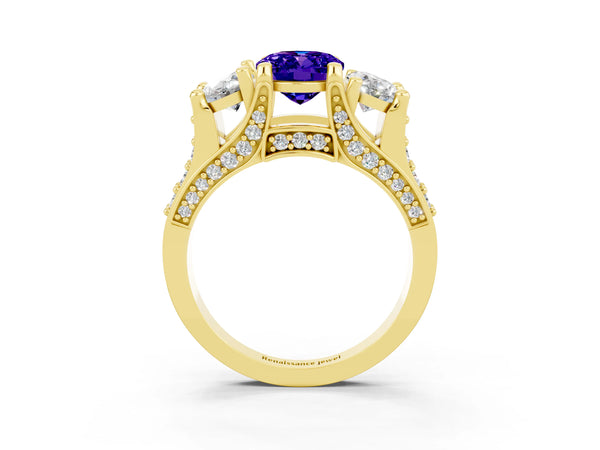 Yellow gold Oval Cut Tanzanite Three-Stone Ring with Channel Set Band and Four-Prong Setting