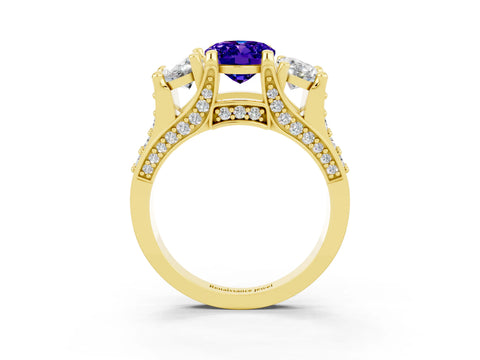 Yellow gold Oval Cut Tanzanite Three-Stone Ring with Channel Set Band and Four-Prong Setting_3