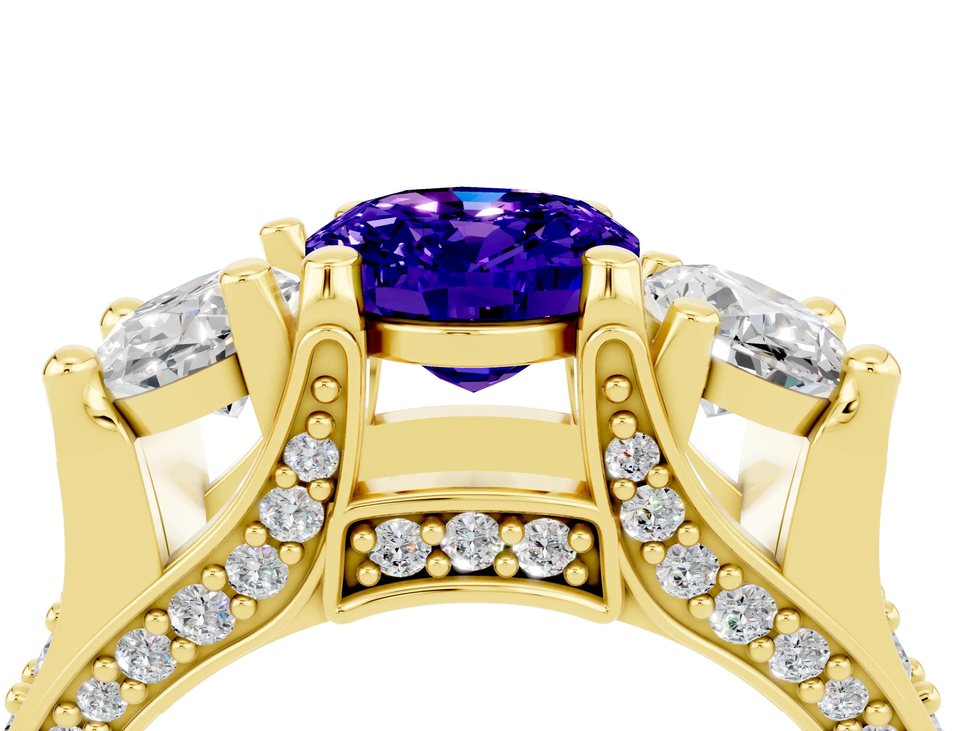 Yellow gold Oval Cut Tanzanite Three-Stone Ring with Channel Set Band and Four-Prong Setting_4