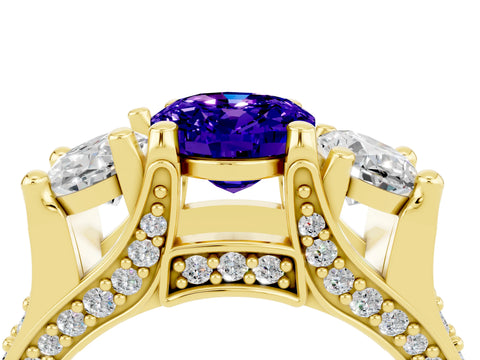 Yellow gold Oval Cut Tanzanite Three-Stone Ring with Channel Set Band and Four-Prong Setting_4