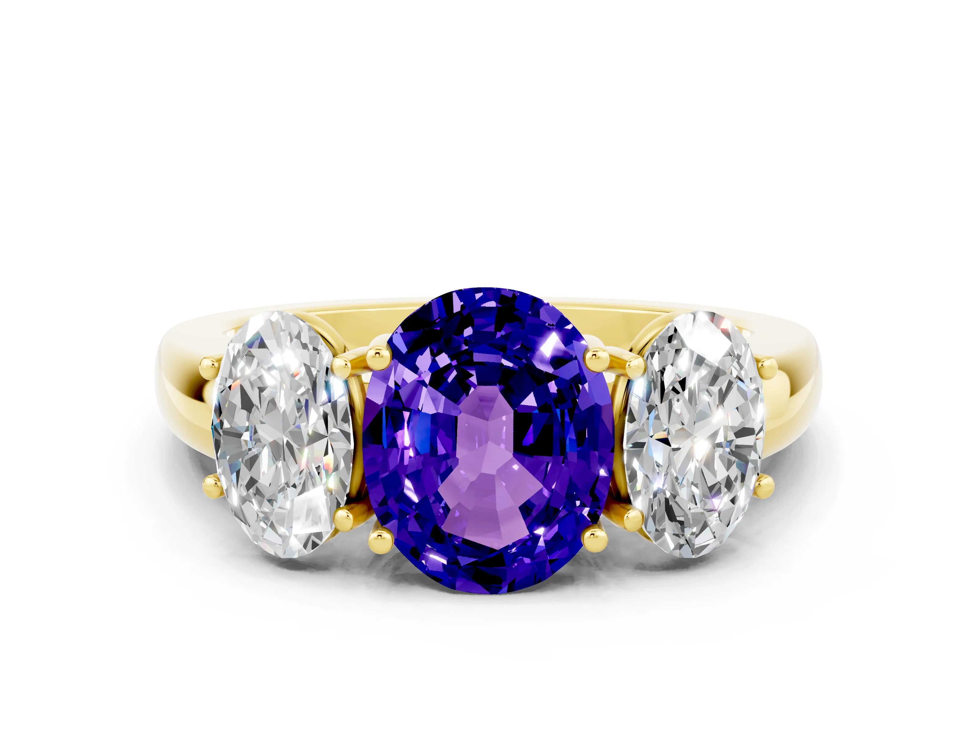 Yellow gold Oval Cut Tanzanite Three-Stone Ring with Four-Prong Setting and Classic Band