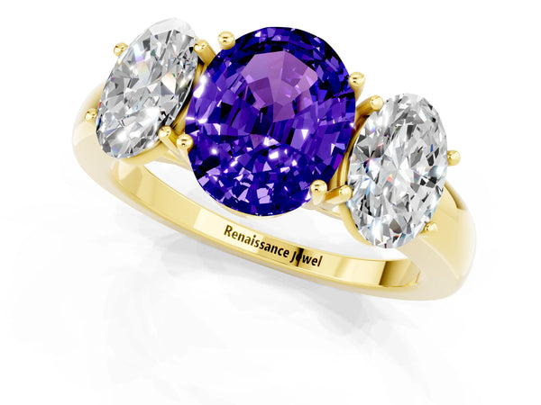 Yellow gold Oval Cut Tanzanite Three-Stone Ring with Four-Prong Setting and Classic Band