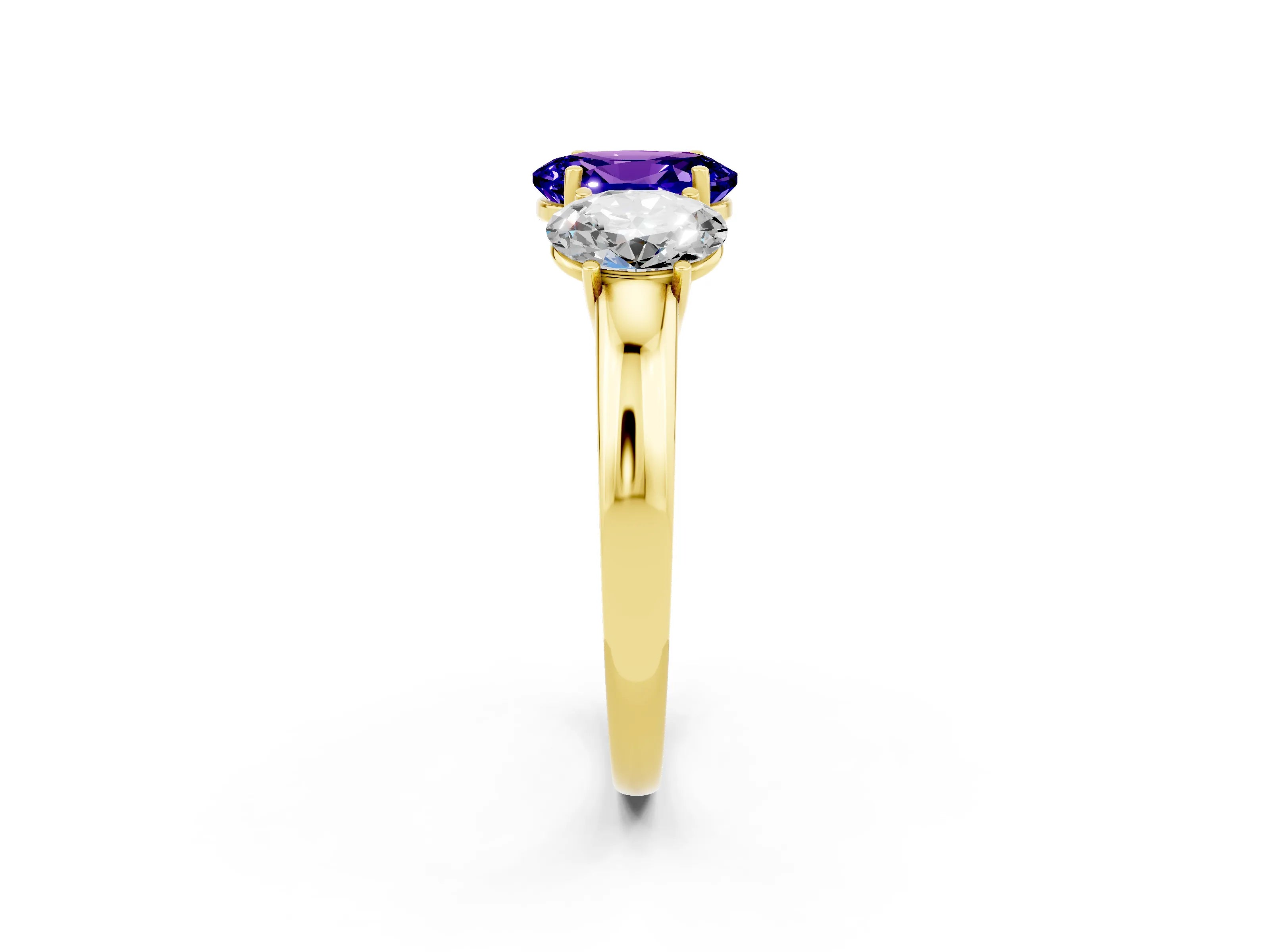 Yellow gold Oval Cut Tanzanite Three-Stone Ring with Four-Prong Setting and Classic Band_2