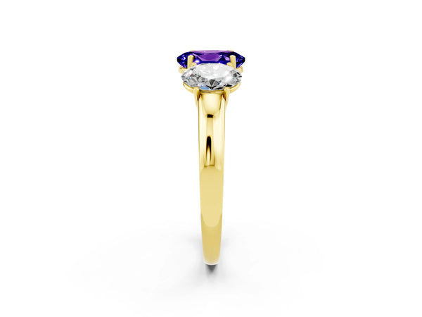 Yellow gold Oval Cut Tanzanite Three-Stone Ring with Four-Prong Setting and Classic Band