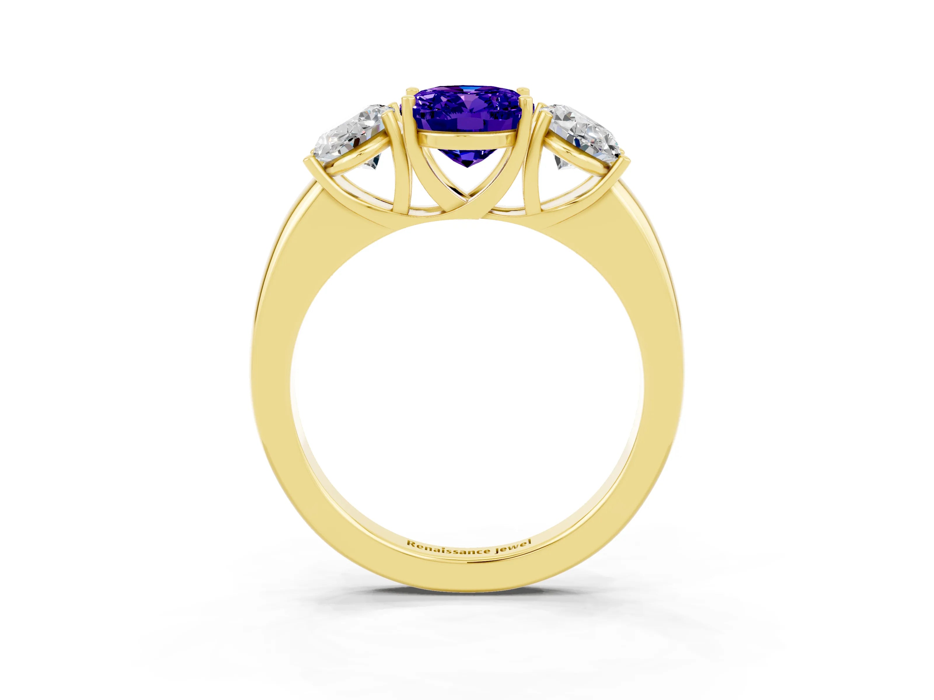 Yellow gold Oval Cut Tanzanite Three-Stone Ring with Four-Prong Setting and Classic Band_3