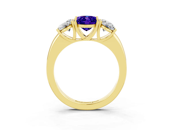 Yellow gold Oval Cut Tanzanite Three-Stone Ring with Four-Prong Setting and Classic Band