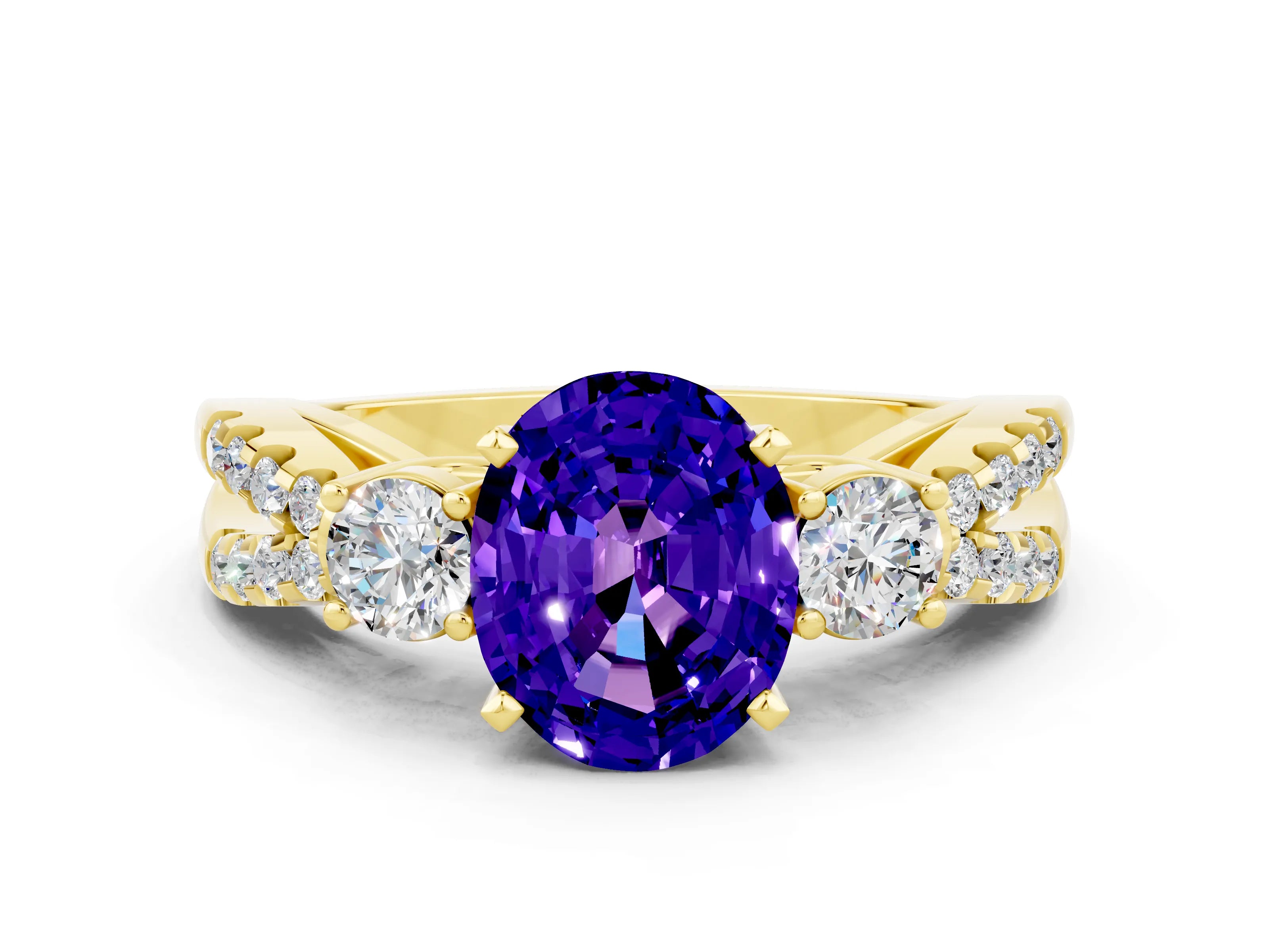 Yellow gold Oval Cut Tanzanite Three-Stone Ring with Pavé Split Shank and Four-Prong Setting_12