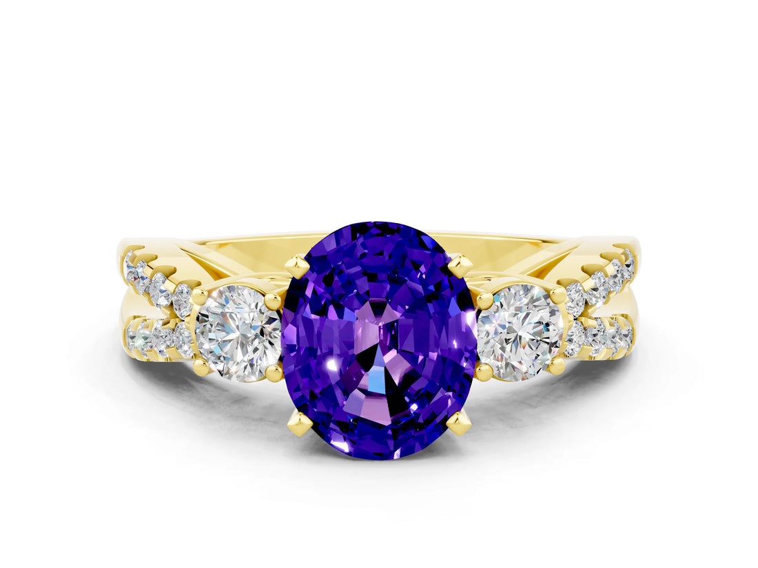 Yellow gold Oval Cut Tanzanite Three-Stone Ring with Pavé Split Shank and Four-Prong Setting_12