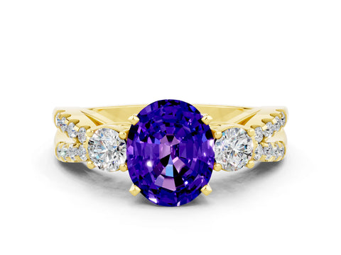 Yellow gold Oval Cut Tanzanite Three-Stone Ring with Pavé Split Shank and Four-Prong Setting_12