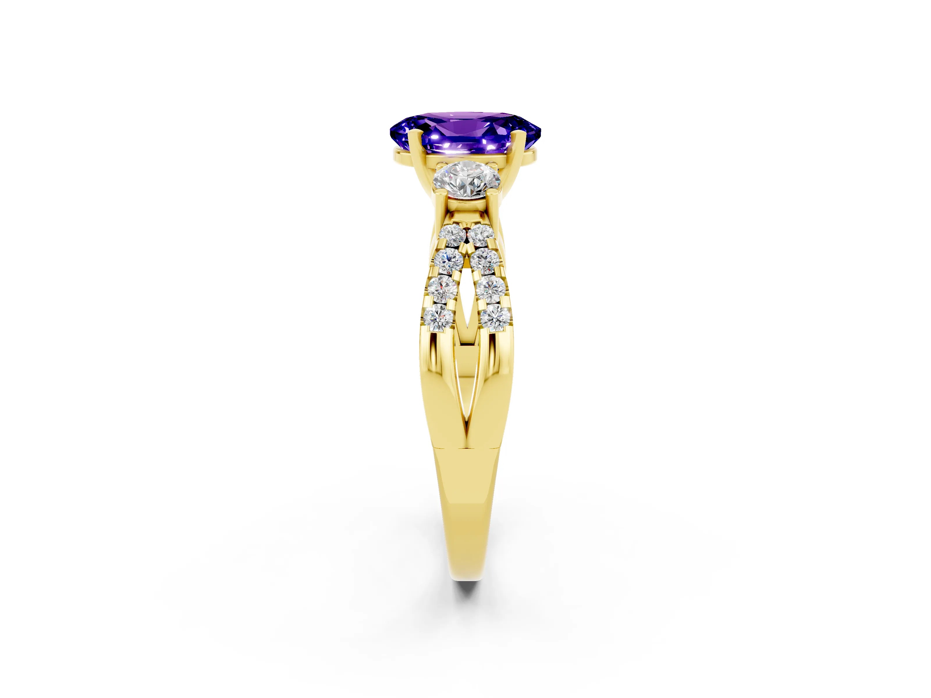 Yellow gold Oval Cut Tanzanite Three-Stone Ring with Pavé Split Shank and Four-Prong Setting_14