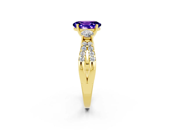 Yellow gold Oval Cut Tanzanite Three-Stone Ring with Pavé Split Shank and Four-Prong Setting