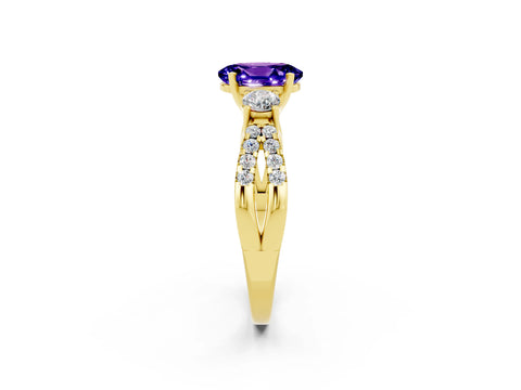 Yellow gold Oval Cut Tanzanite Three-Stone Ring with Pavé Split Shank and Four-Prong Setting_14
