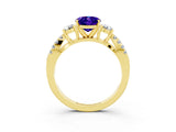 Yellow gold Oval Cut Tanzanite Three-Stone Ring with Pavé Split Shank and Four-Prong Setting_15