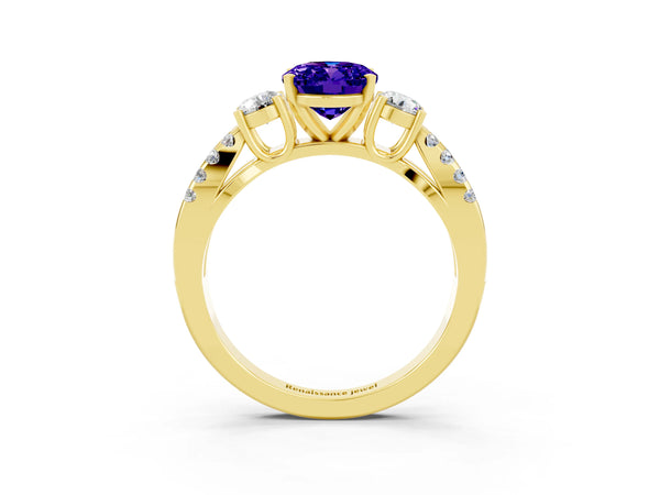 Yellow gold Oval Cut Tanzanite Three-Stone Ring with Pavé Split Shank and Four-Prong Setting