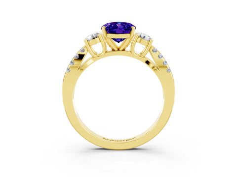 Yellow gold Oval Cut Tanzanite Three-Stone Ring with Pavé Split Shank and Four-Prong Setting_15