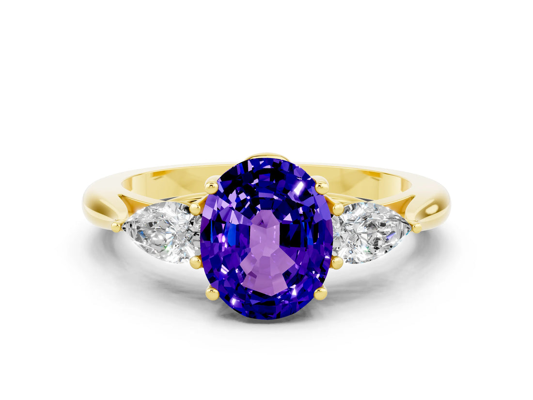 10K Yellow Gold Tanzanite Three-Stone Ring with Pear Side Stones and Prong Setting