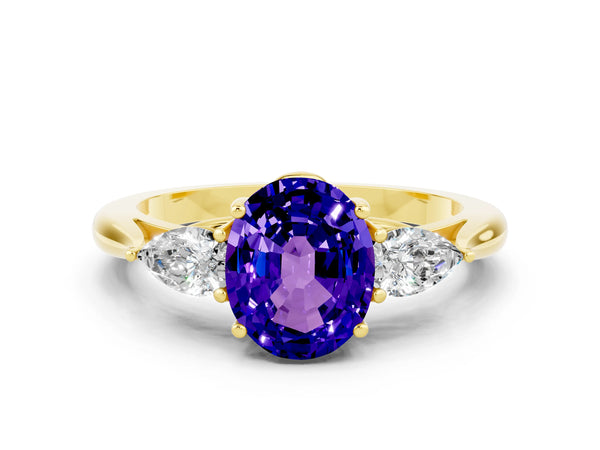 10K Yellow Gold Tanzanite Three-Stone Ring with Pear Side Stones and Prong Setting