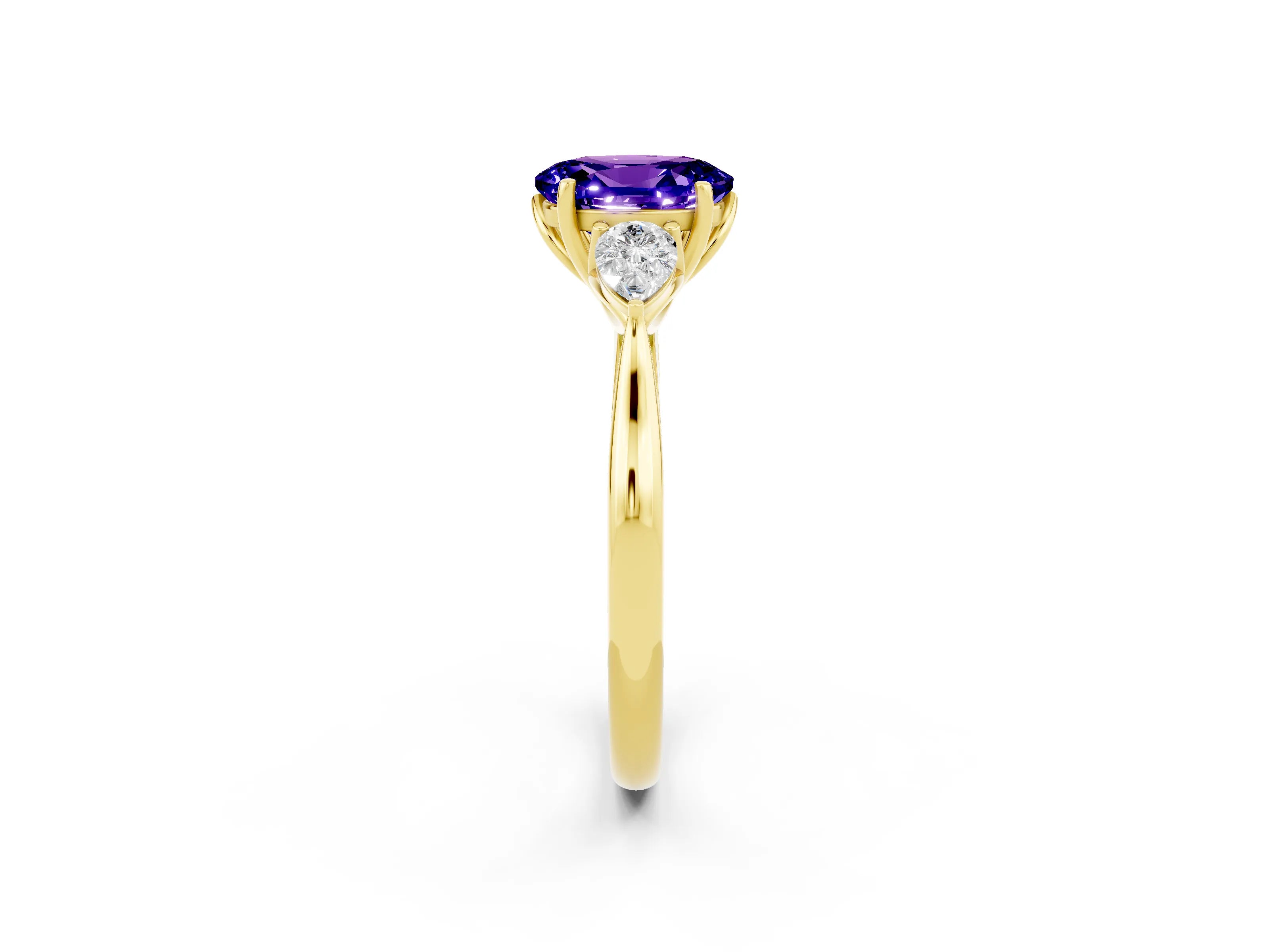 Yellow gold Oval Cut Tanzanite Three-Stone Ring with Pear Side Stones and Four-Prong Setting_14