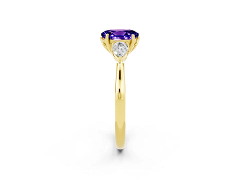 Yellow gold Oval Cut Tanzanite Three-Stone Ring with Pear Side Stones and Four-Prong Setting_14