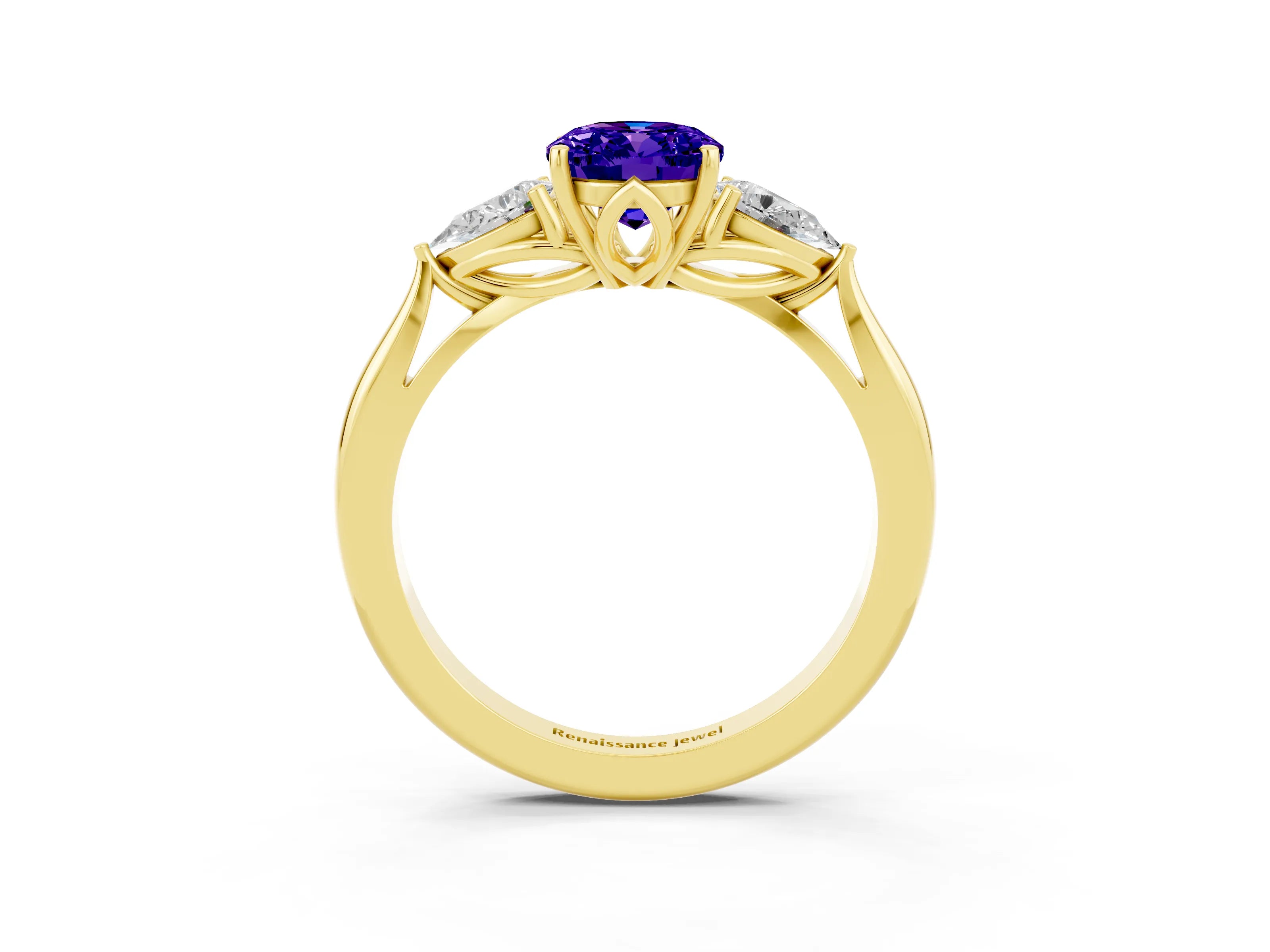 Yellow gold Oval Cut Tanzanite Three-Stone Ring with Pear Side Stones and Four-Prong Setting_15
