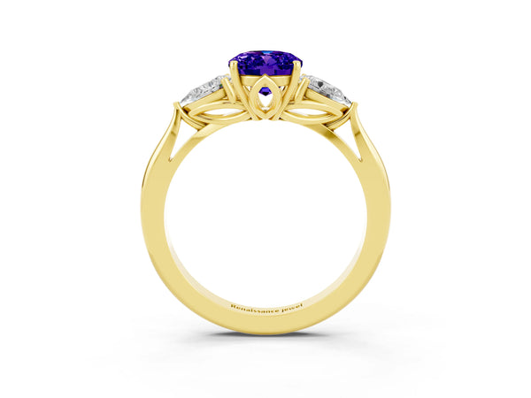 10K Yellow Gold Tanzanite Three-Stone Ring with Pear Side Stones and Prong Setting
