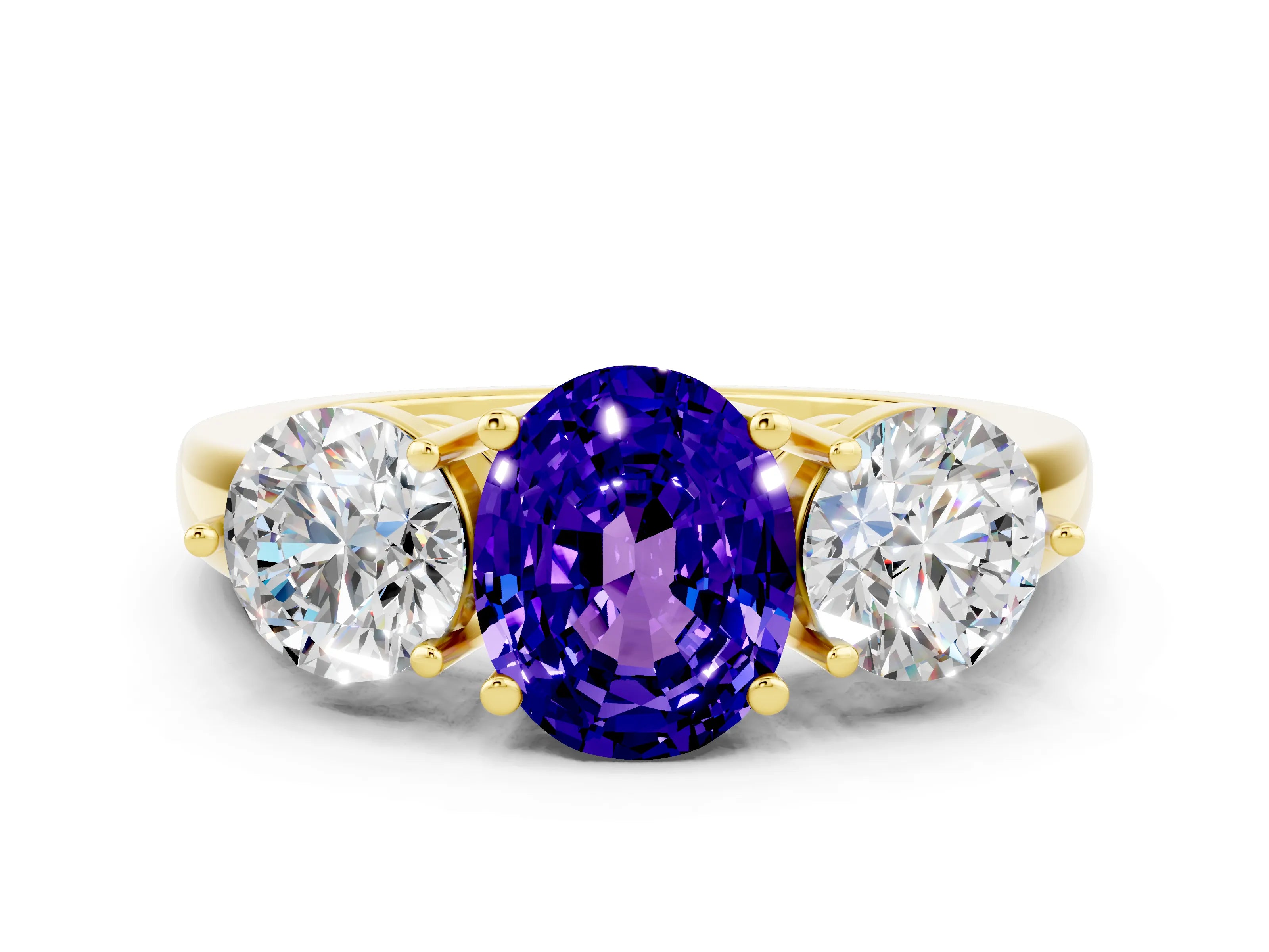 Yellow gold Oval Cut Tanzanite Three-Stone Ring with Prong Setting and Classic Band