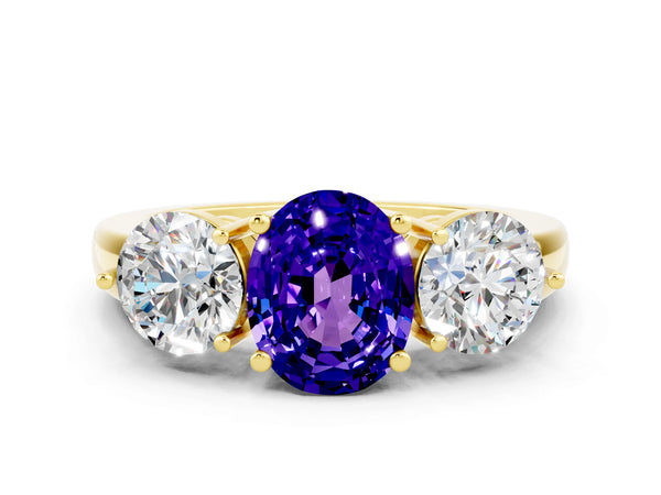 Yellow gold Oval Cut Tanzanite Three-Stone Ring with Prong Setting and Classic Band