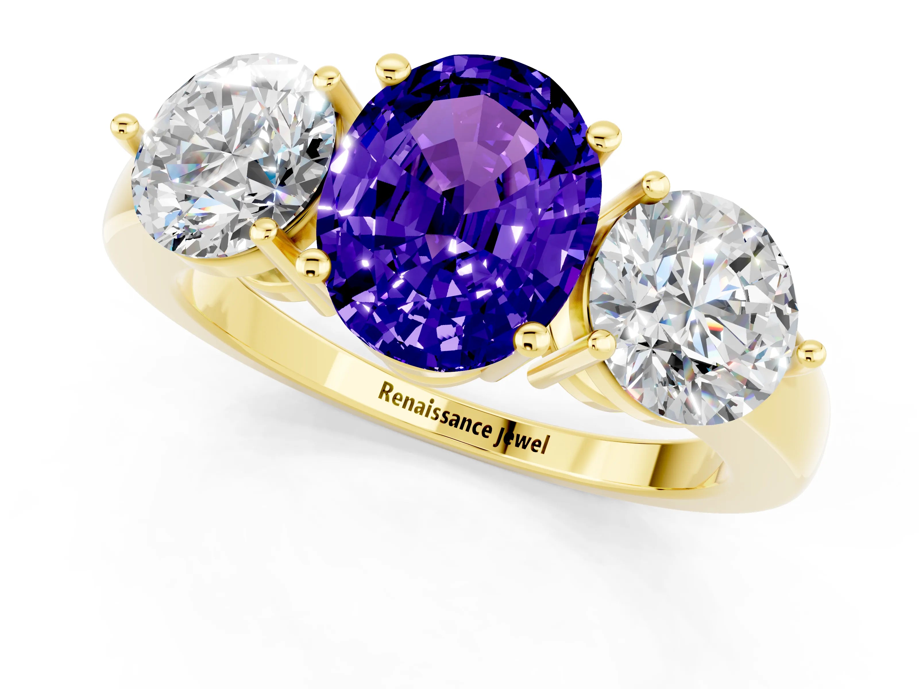 Yellow gold Oval Cut Tanzanite Three-Stone Ring with Prong Setting and Classic Band_1