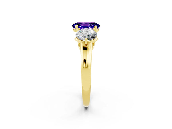 Yellow gold Oval Cut Tanzanite Three-Stone Ring with Prong Setting and Classic Band