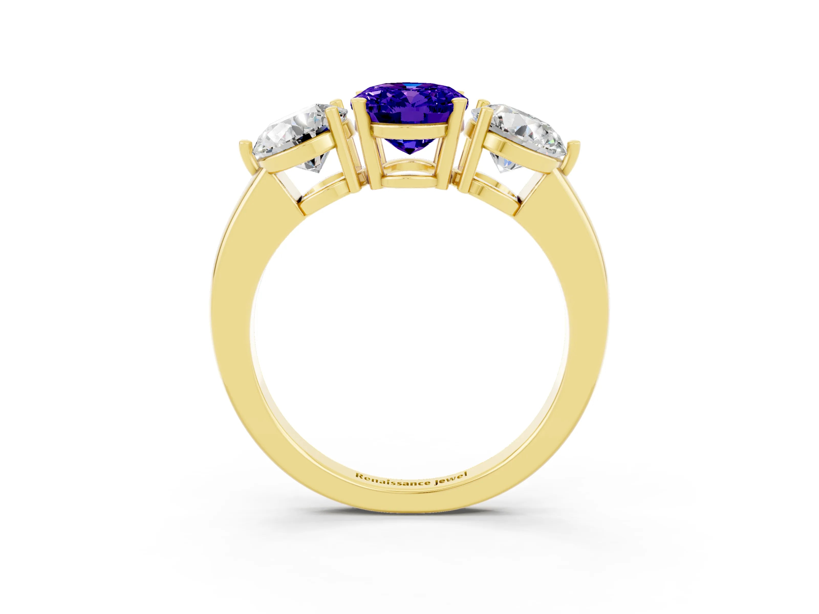 Yellow gold Oval Cut Tanzanite Three-Stone Ring with Prong Setting and Classic Band_3