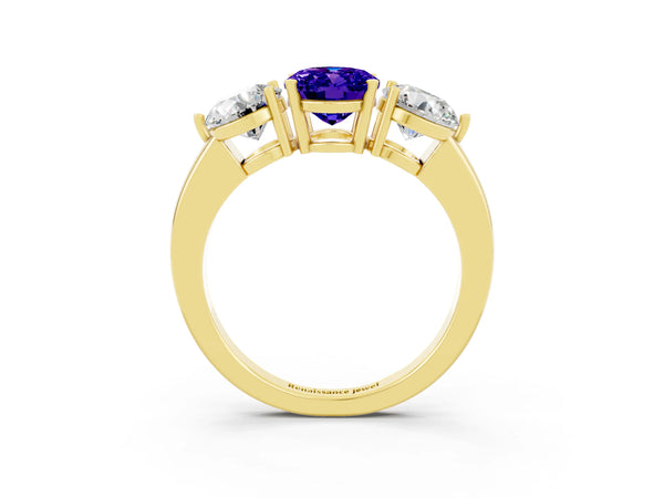 Yellow gold Oval Cut Tanzanite Three-Stone Ring with Prong Setting and Classic Band