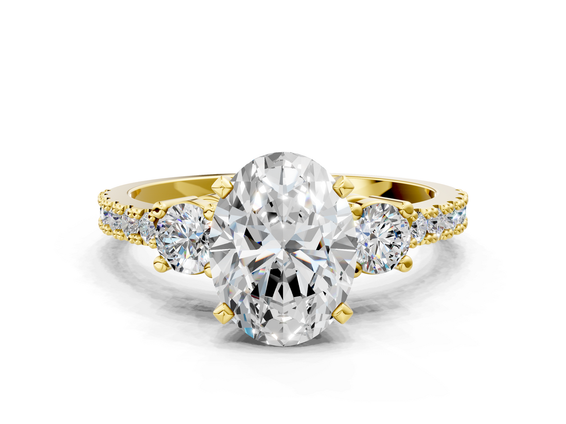 Yellow gold Oval Cut Three-Stone Diamond Pavé Band with Prong Setting_23