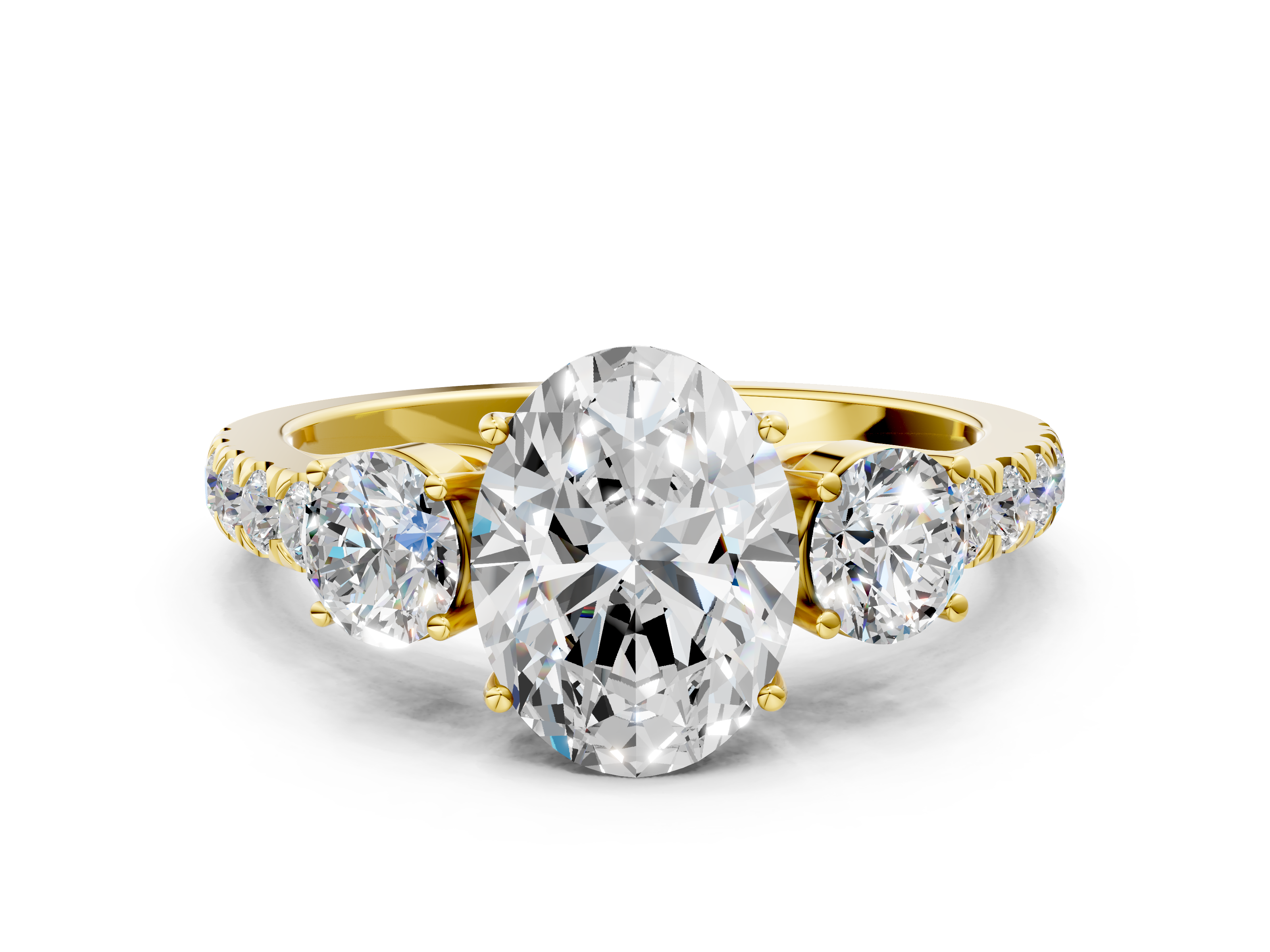 Yellow gold Oval Cut Three-Stone Diamond Pave Band with Prong Setting_105