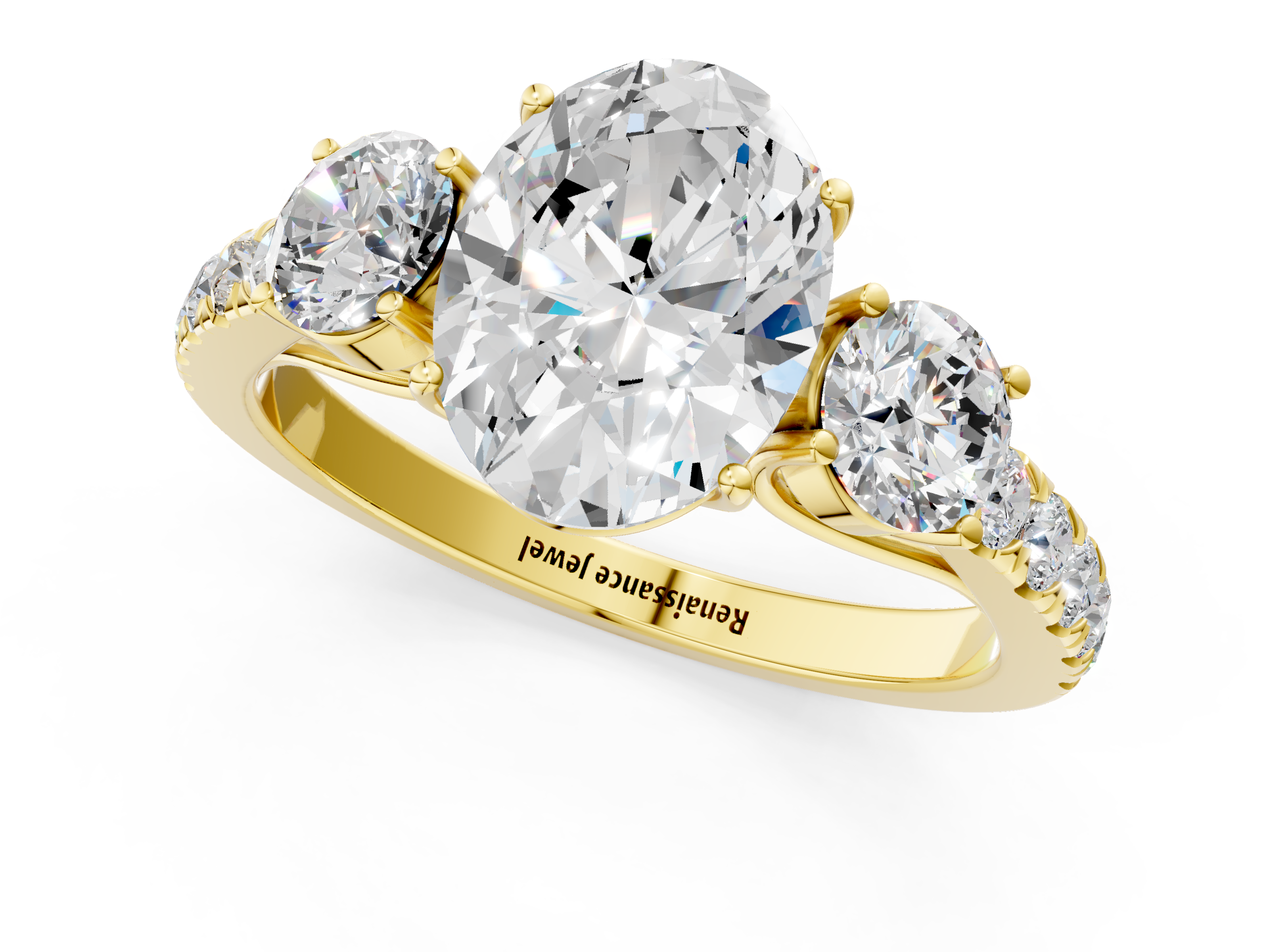Yellow gold Oval Cut Three-Stone Diamond Pave Band with Prong Setting_106