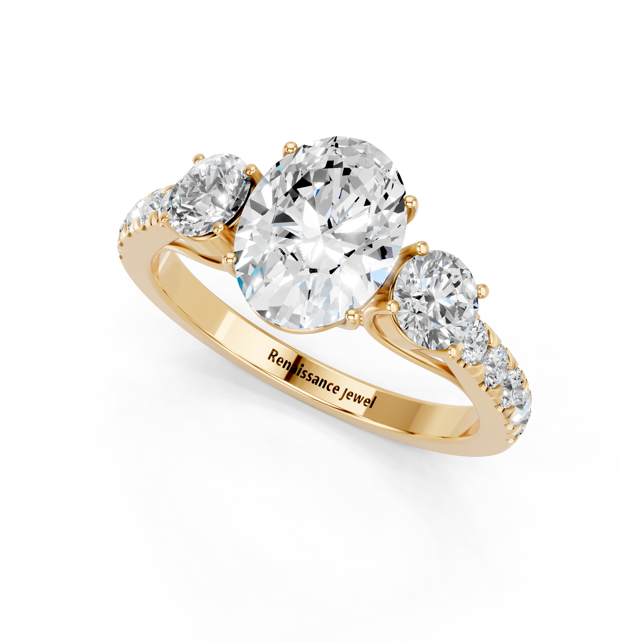 Yellow gold Oval Cut Three-Stone Diamond Pave Band with Prong Setting_71