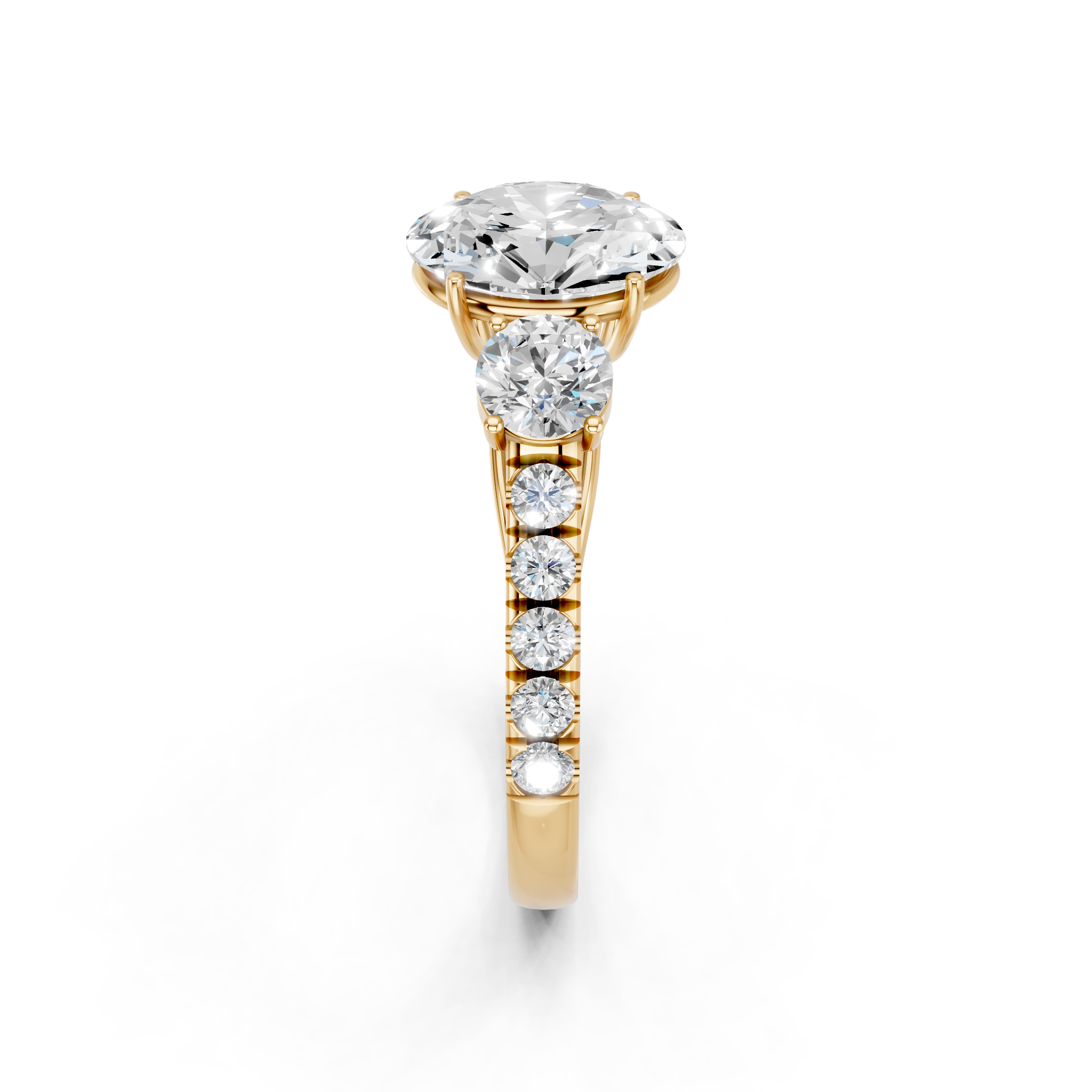 Yellow gold Oval Cut Three-Stone Diamond Pave Band with Prong Setting_72